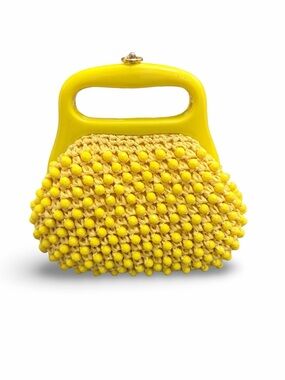 Vintage 1960s Mod Yellow Beaded Raffia Handbag – Retro Crochet Purse